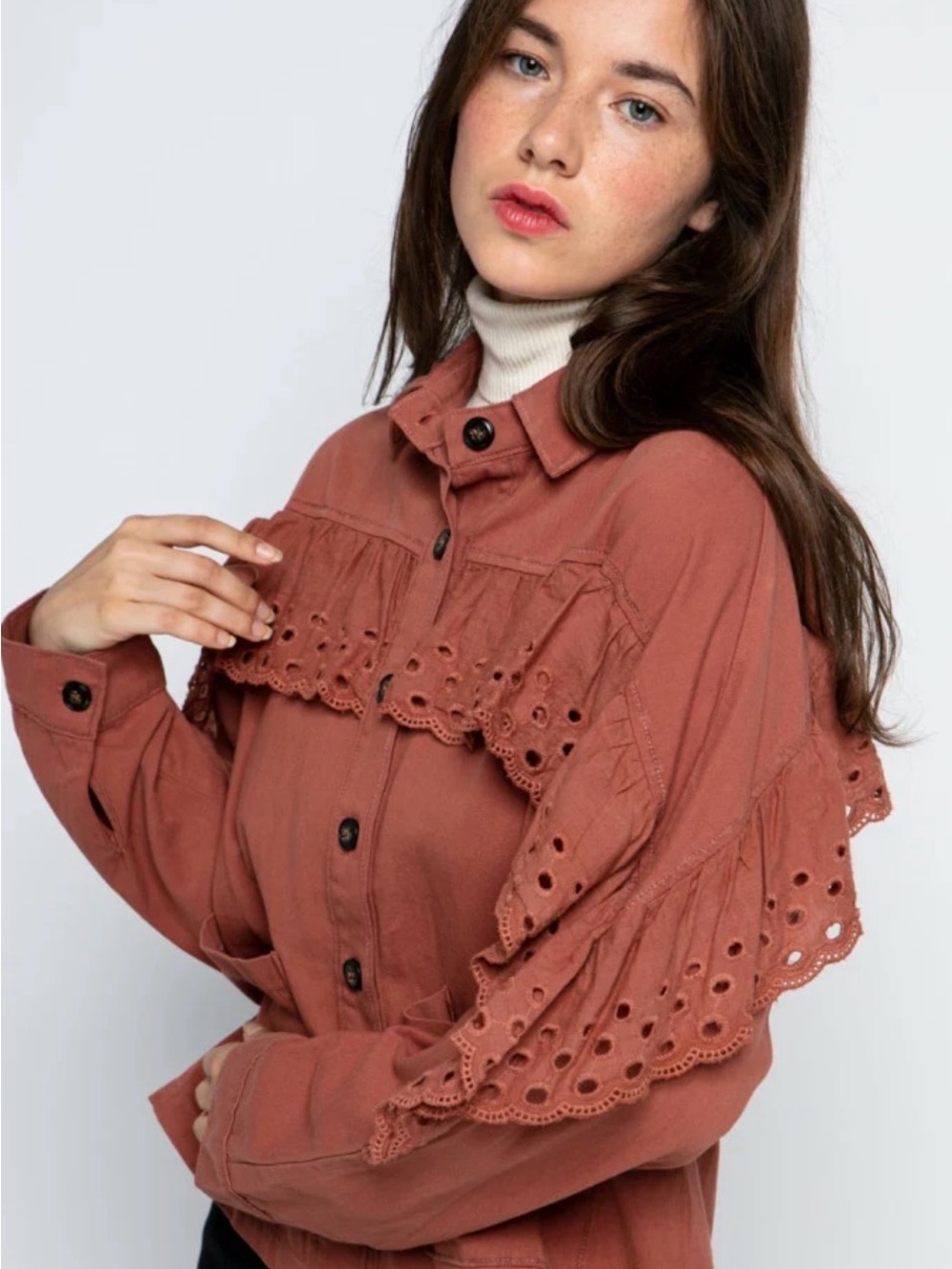 NWT Rust Eyelet Ruffle Button-Up Jacket ☀️ 🌼 - Picture 4 of 4